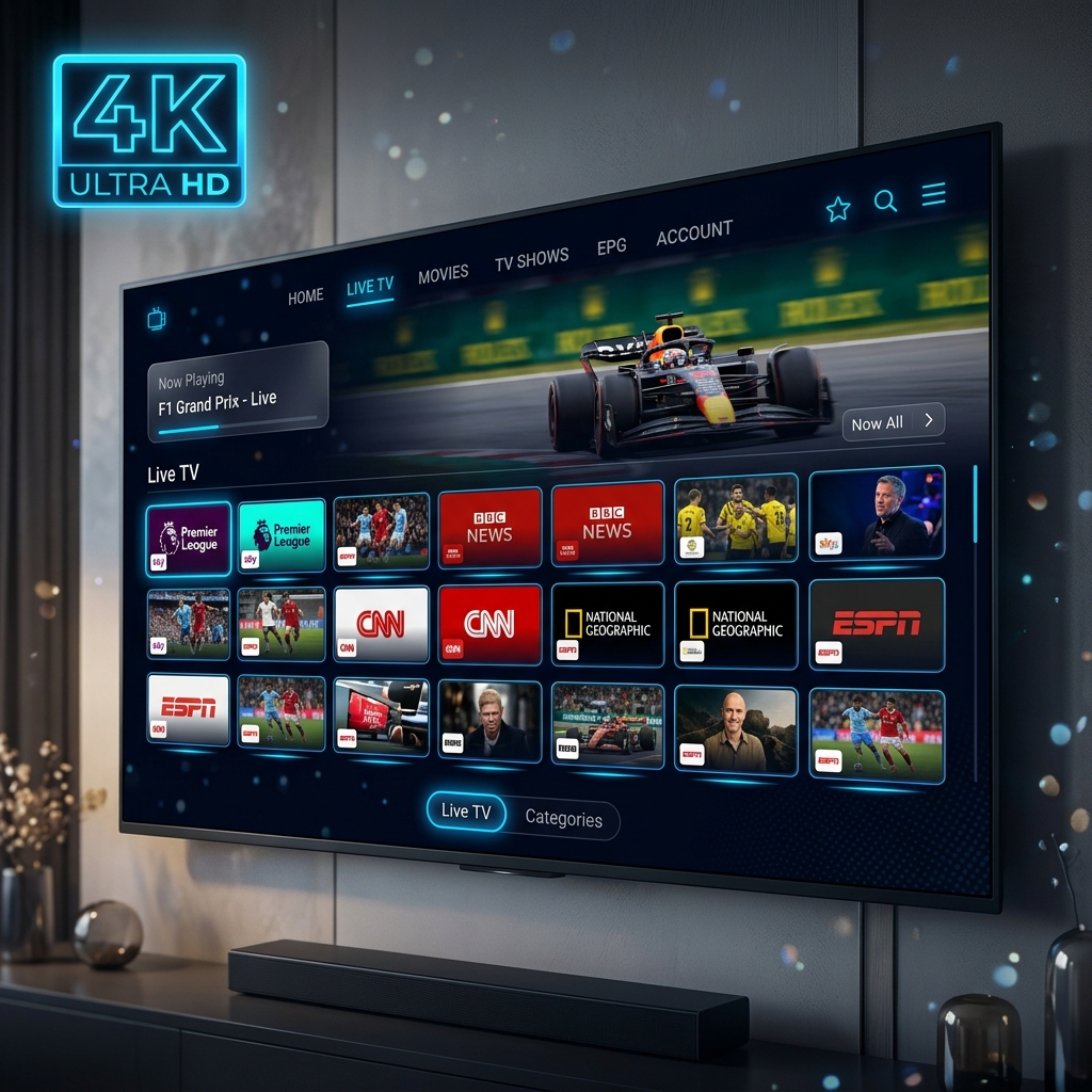 Datoo IPTV Premium 4K streaming dashboard showing live channel grid with Ultra HD quality